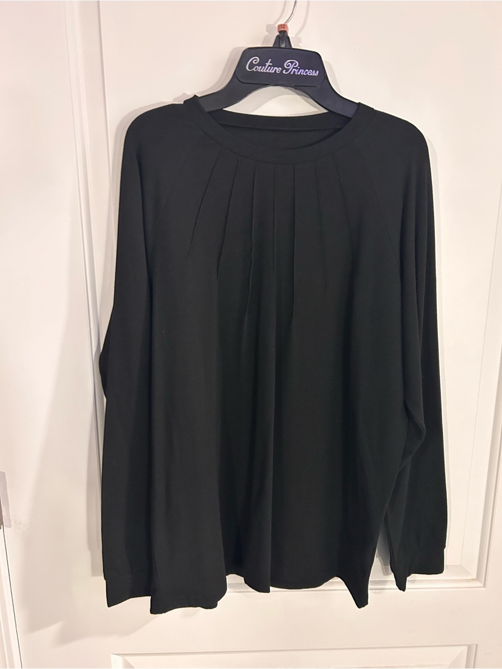 Black Pleated Round-Neck Long Sleeve Top